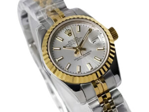 Lady-Datejust 28 Two Tone Yellow Gold on Jubilee with Silver Dial and Fluted Bezel, showcasing elegance and craftsmanship.