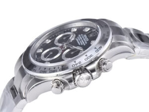 Side view of the Cosmograph Daytona Stainless Steel with Diamond Black Dial, showcasing polished finish and intricate design.