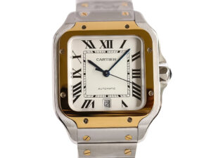 Santos Large Two Tone Yellow Gold with White Dial (40mm) featuring Roman numerals, stainless steel and gold accents.