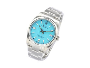 Oyster Perpetual 36 Stainless Steel watch with a blue turquoise dial and polished bracelet, displayed on a white background.
