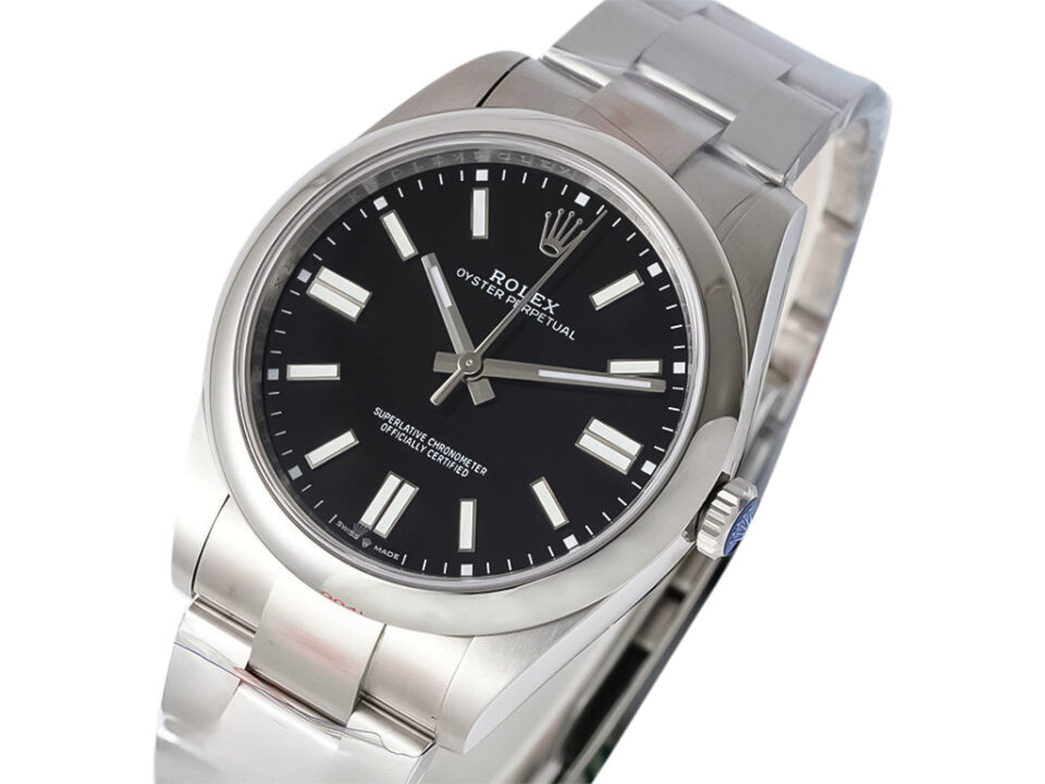 Oyster Perpetual 41 Stainless Steel with Black Dial, featuring a sleek design and luminous hour markers on a steel bracelet.