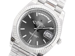 Day-Date 40 White Gold 'President' watch with grey dial, fluted bezel, and day-date display on a white gold bracelet.