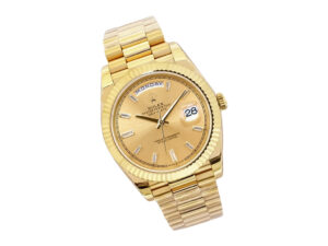 Day-Date 40 Yellow Gold ‘President’ with Champagne Diamond Dial, Fluted Bezel, and Day/Date Display on a Gold Bracelet.