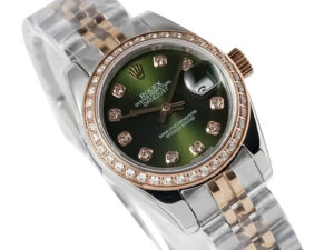 Lady-Datejust 28 Two Tone Rose Gold on Jubilee, Green Diamond Dial, and Diamond Bezel displayed at an angle.