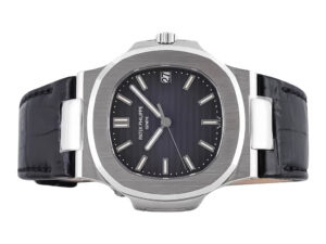 Nautilus Stainless Steel watch with grey dial, luminous indices, date display, and black leather strap (40mm).
