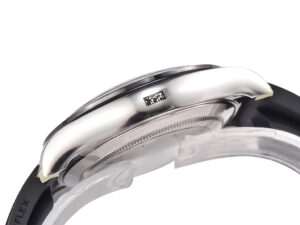 Side view of the Cosmograph Daytona Stainless Steel Oysterflex watch, featuring a polished case and black rubber strap.