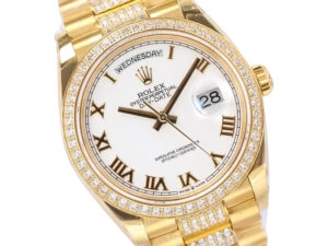 Day-Date 36 Yellow Gold ‘President’ watch with white dial, diamond bezel, and Roman numerals displayed on a product page.