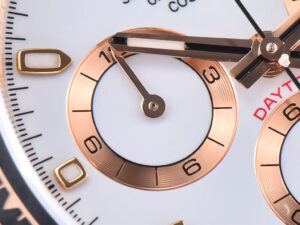 Close-up of Cosmograph Daytona in rose gold, featuring an ivory dial with Oysterflex strap and intricate detailing.