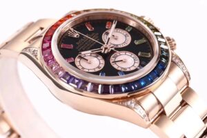 Close-up of Cosmograph Daytona Rose Gold ‘Rainbow’ watch with diamond bezel and multicolored sapphire accents on the dial.