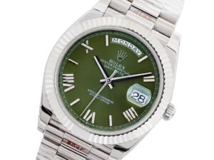 Day-Date 40 White Gold ‘President’ watch with green Roman numeral dial, fluted bezel, and polished white gold bracelet.