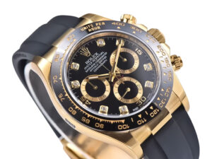 Cosmograph Daytona in yellow gold with black diamond dial, Oysterflex strap, and tachymetric scale bezel displayed.