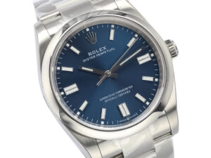 Oyster Perpetual 36 Stainless Steel watch with a blue dial, featuring silver hour markers polished bezel stainless bracelet.