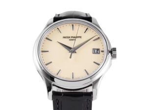 Calatrava Stainless Steel watch with ivory dial, 39mm case, black leather strap, and date display at 3 o'clock position.