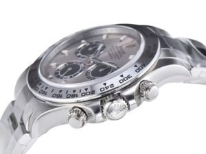 Cosmograph Daytona Stainless Steel watch with a grey sunburst dial, side view showcasing chronograph pushers, bezel details.