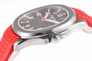 Aquanaut Stainless Steel 'Singapore' with Black Dial (40mm), featuring a red strap and polished steel crown.