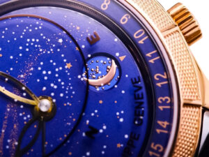 Close-up of the Celestial Only Watch Rose Gold with Blue Dial, showcasing intricate star patterns and moon phase design.