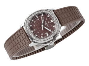 Aquanaut Luce Stainless Steel Diamond Brown watch with a textured brown strap, diamond bezel, and brown dial.