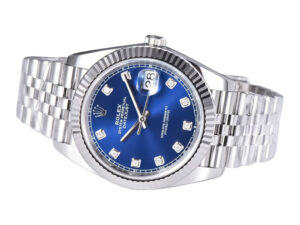 Datejust 41 Stainless Steel on Jubilee with Diamond Blue Dial and Fluted Bezel, displaying date at 3 o'clock.