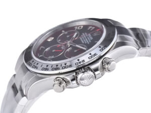 Cosmograph Daytona Stainless Steel watch with Matte Black ‘Racing Dial’, side profile showcasing the bezel and crown details.