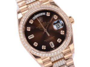 Day-Date 36 Rose Gold ‘President’ watch with diamond chocolate dial, diamond bezel, and day-date display feature.