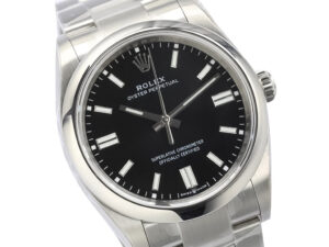 Oyster Perpetual 36 Stainless Steel watch with a black dial, silver hour markers, and a polished steel bracelet.
