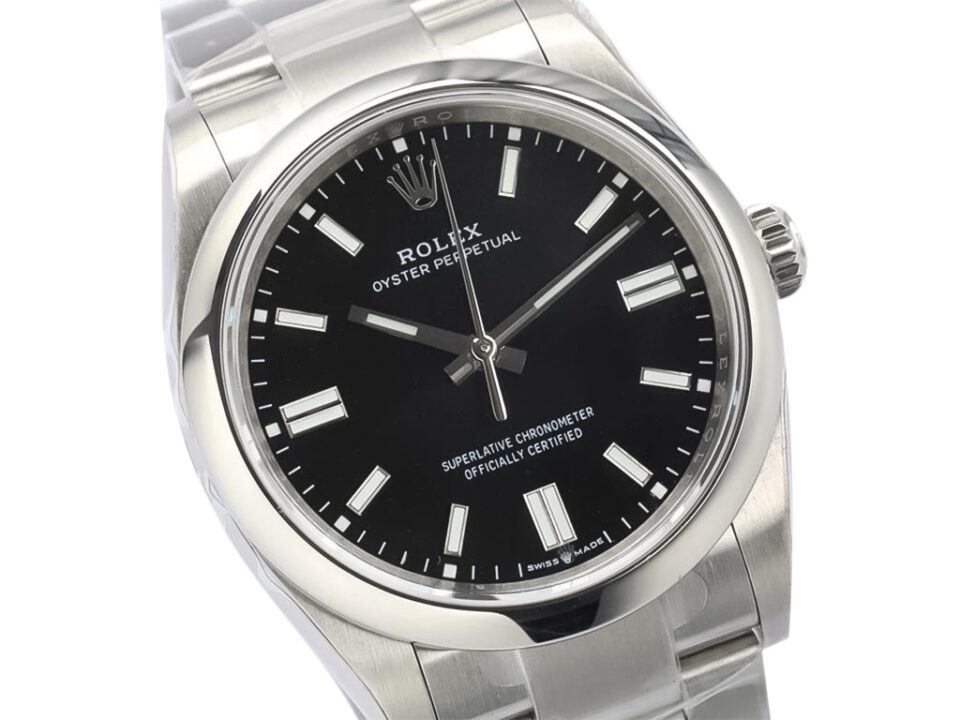 Oyster Perpetual 36 Stainless Steel watch with a black dial, silver hour markers, and a polished steel bracelet.