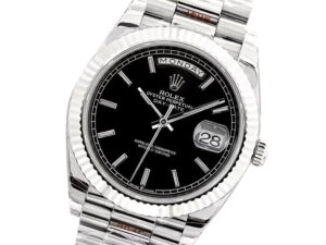 Day-Date 40 White Gold 'President' watch with black dial, fluted bezel, and day-date display on product page.