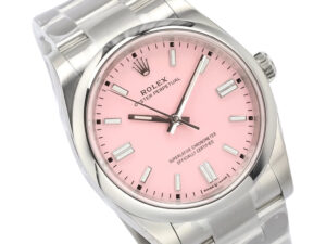 Oyster Perpetual 36 Stainless Steel watch with a pink dial, silver hour markers, and classic stainless steel bracelet.