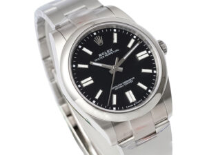 Oyster Perpetual 41 Stainless Steel watch featuring a sleek black dial, luminous hour markers, and polished bracelet.