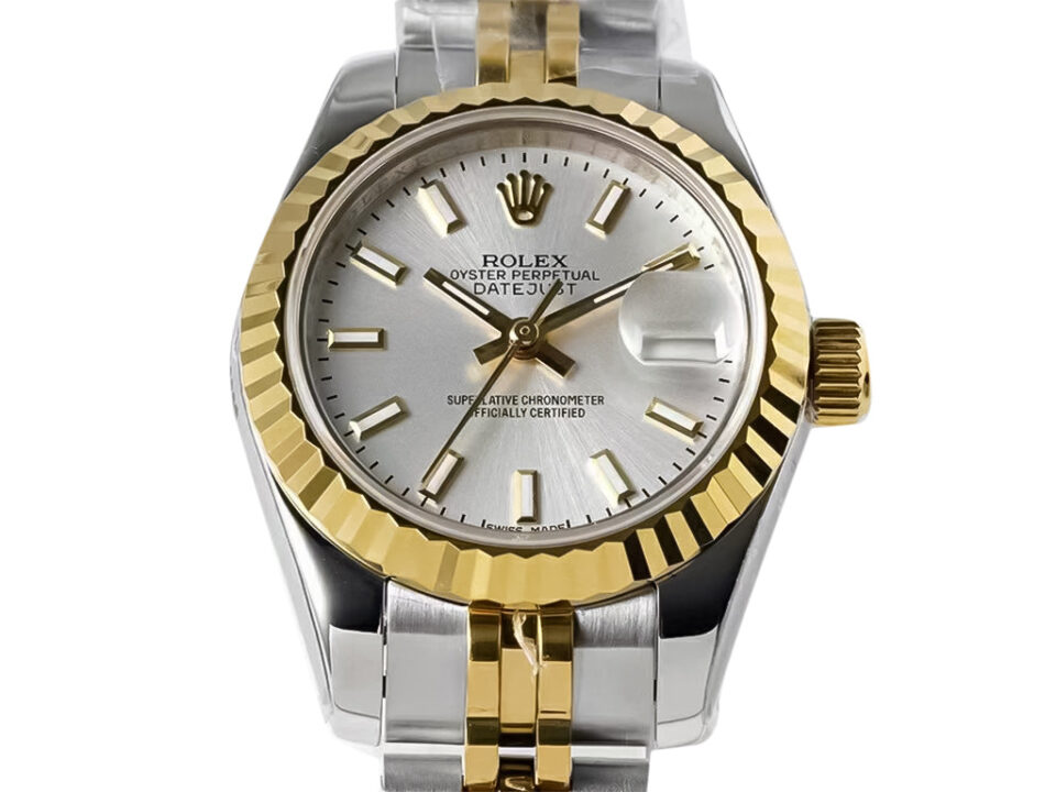 Lady-Datejust 28 Two Tone Yellow Gold on Jubilee bracelet with silver dial and fluted bezel, featuring a classic design.