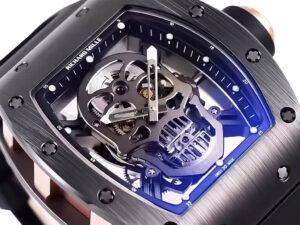 RM 52-01 Skull watch featuring a black dial, rose gold bezel, black rubber strap, and visible tourbillon mechanism (50mm).