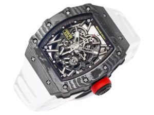 RM 35-02 Rafa watch featuring a black bezel, red markers, and a white rubber strap; case size is 49mm.