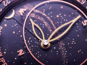 Close-up of the Celestial Only Watch Rose Gold with Black Dial featuring gold accents, starry design, and moon phase detail.