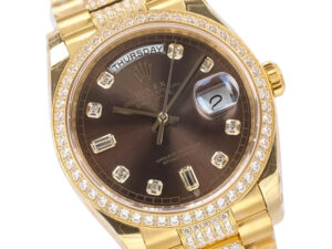 Day-Date 36 Yellow Gold ‘President’ with Diamond Chocolate Dial, Diamond Bezel, and day-date display on product page.