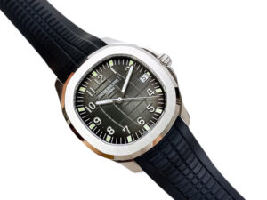 Aquanaut Stainless Steel watch with black dial, 40mm case, sleek design, and embossed rubber strap.