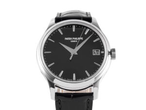 Calatrava Stainless Steel with Black Dial (39mm) featuring sleek silver hour markers, date display, and black leather strap.