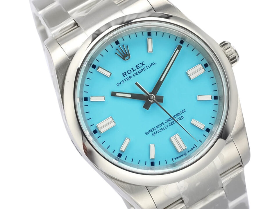 Oyster Perpetual 36 Stainless Steel watch with a blue turquoise dial and silver hour markers, displayed on a product page.