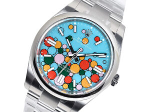 Oyster Perpetual 41 in stainless steel with turquoise dial featuring a vibrant celebration motif of multicolored circles.