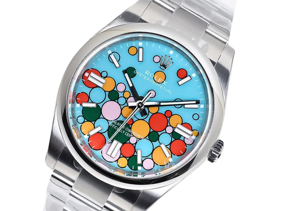 Oyster Perpetual 41 in stainless steel with turquoise dial featuring a vibrant celebration motif of multicolored circles.