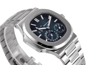 Nautilus Moonphase Stainless Steel watch with blue dial, 40mm case, and elegant bracelet design displayed at an angle.