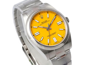 Oyster Perpetual 41 Stainless Steel watch with a bright yellow dial, luminous hour markers, and sleek silver-tone bracelet.