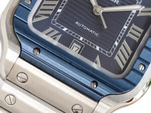 Close-up of Santos Large Stainless Steel with Blue Dial and Blue Bezel (40mm), showcasing its details and automatic movement.