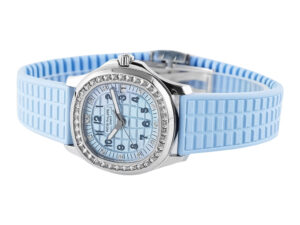 Aquanaut Luce Stainless Steel Diamond Blue watch with light blue strap, diamond bezel, and matching patterned dial.