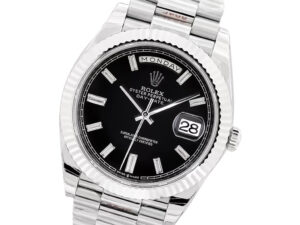Day-Date 40 White Gold 'President' watch with black diamond dial, fluted bezel, and day-date display on product page.
