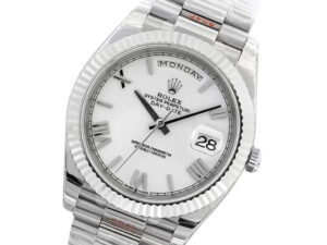Day-Date 40 White Gold ‘President’ watch with white Roman numeral dial, fluted bezel, and polished bracelet.