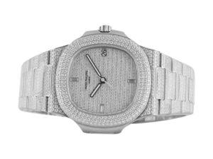 Nautilus Stainless Steel 'Iced Out' (40mm) watch with diamond-encrusted bezel, bracelet, and textured dial display.