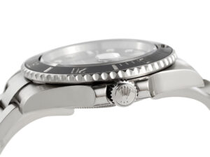 Side view of the Submariner Date Stainless Steel watch with black dial, showing crown and bezel details (41mm).