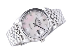 Datejust 41 Stainless Steel on Jubilee with Diamond Mother of Pearl Dial and Fluted Bezel displayed at an angle.