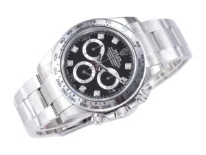 Cosmograph Daytona stainless steel watch with diamond black dial, featuring three chronograph subdials and elegant bracelet.