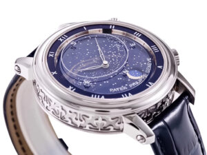 Celestial Stainless Steel watch with a blue starry sky dial, silver Roman numerals, and dark leather strap.